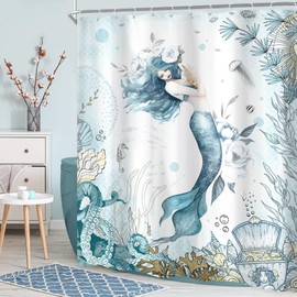 Newsely Mermaid Shower Curtain 72Wx72H Inch Nautical Blue Sea Ocean Octopus Coral Underwater Fish Seashell Jellyfish Shower Curtain Bathroom Set Teal Waterproof Bath Decoration Accessories Home Decor