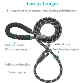iYoShop Durable Slip Lead Dog Leash with Padded Handle and Highly Reflective Threads, No Pull Dog Training Leash (1/2" x 4 FT, Black)