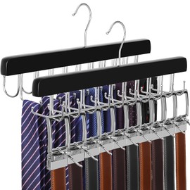 TOPIA HANGER 2 Pack 2 in 1 Belt Tie Hanger for Closet Max 60 Belts with 60 Ties Capacity, 40 Hooks Belt Tie Racks Wooden Hanger for Closet Organizer Storage “U” Fit Belt and “一” Fit Tie - CT52B