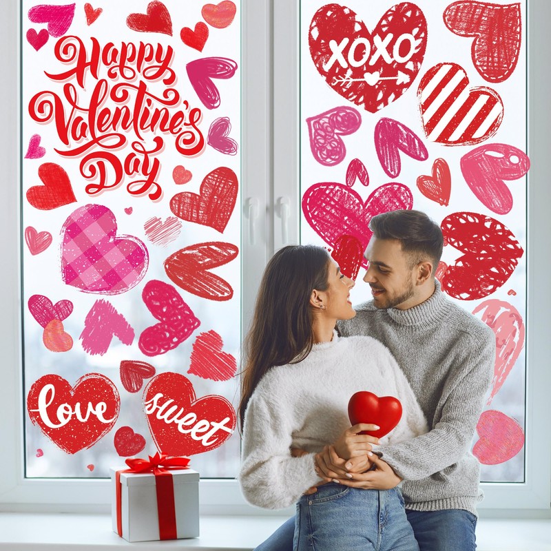 CUUSNNY Valentines Window Clings,Double-Sided Red Pink Hearts Happy Valentine's Day