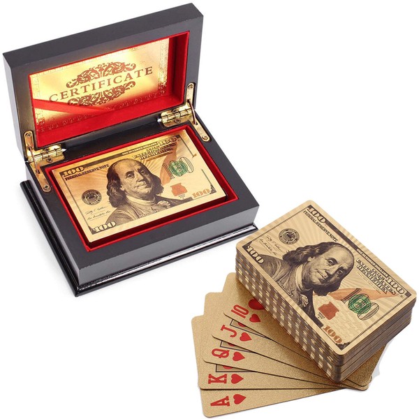 VIROSA 100 Dollar Playing Cards | 24k Carat Gold Plated Poker Cards | Includes Deluxe Wooden Gift Box, Ideal for Family, Magic Party Game