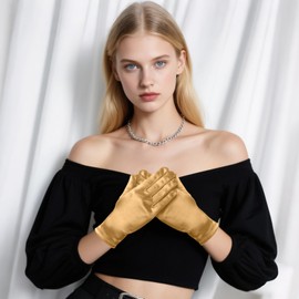 GHGMAO Women Short Satin Opera Gloves Formal Wedding Bridal Gloves Tea Party Banquet Costume 1920s Flapper Accessories (Gold)