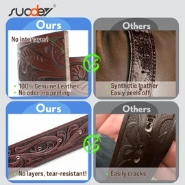 SUOSDEY Western Genuine Leather Belt with Silver Bull Embossed Buckle for Men,Cowboy Engraved Belts for Jeans,1.5" Width