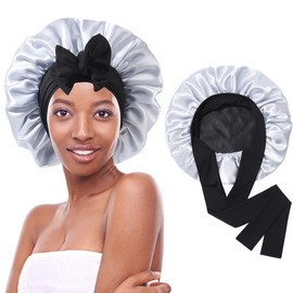 AWAYTR Satin Bonnet Silk Like Bonnets for Sleeping Sleep Cap Double Layer Haircare Bonnet with Elastic Tie Band for Curly Hair Night Cap Pink:_Silver gray+black