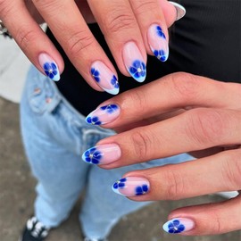 Almond Press on Nails Medium White French Tip Fake Nails Floral False Nails with Blue Flower Glitter Designs Elegant Stick on Nail Glossy Glue on Nail for Women Girls 24Pcs