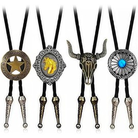 Corbata Vaquera 4PK, Corbatin Vaquero Hombre, Collar Vaquero Mujer Accesorios Vaqueros Ajustable, Hecha a Mano Hombre Corbatas Tipo Bolo, Estilo Clásico Occidental Calavera Buey para Disfraz Halloween