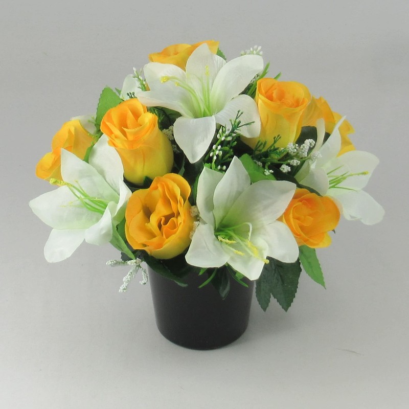 Yellow Rose and Lily Artificial Flower Grave/Memorial Arrangement