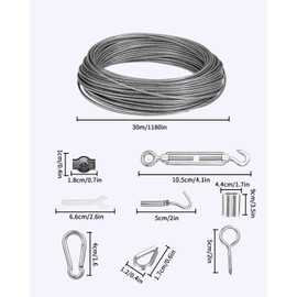 2 mm Steel Cable Kit, 30 m Wire Rope Stainless Steel Tension Wire, Coated Trellis Wire Rope with Eyelets Wire Rope Clamp, for Climbing Plants, String Light Suspension, Washing Line Steel Cable