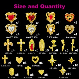 136PCS Gold Nail Charms and Gems,Heart,Cross,Rose,Starburst,Virgin Mary Charms for Nails Design,3D Alloy Y2k Nail Jewels Bulk Red and Clear Rhinestones Nail Art Decor Set