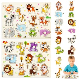 Set of 2 Wooden Puzzles 1 Year, Wooden Puzzle from 1 Year with Jungle Animals, Grabbing Puzzle Wooden Toy, Ideal Children's Puzzle from 1 Year for Baby Boy Girl Gift