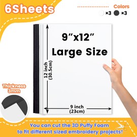 New brothread - 15 Options- 6PCS Embroidery Puffy Foam 9″x12″ Large Size 3MM Creating 3D Embroidery Effect for Caps, Garments, Jackets, Bags, Backpacks and More - 3xBlack + 3xWhite