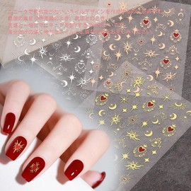 Nail Stickers, Set of 12, 3D, Cute, Heart, Star, Moon, Sun, Nail Parts, Stick, Stylish, Nail Sticker, Gel Nail Art, Decorative Parts, Valentine's Day, Christmas (Gold + Silver)