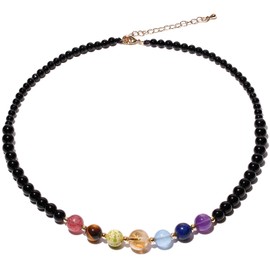 XHUUU Reiki 7 Chakra/Black Obsidian Beaded Necklace Protection Spiritual Colorful Crystals Necklaces for Women Yoga Meditation Jewelry (16+2 Inches), Stone, Obsidian