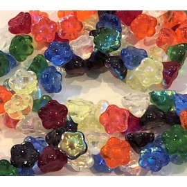 100 Czech Glass Flower Beads. Rainbow Mix. Hole is Side to Side Through The Shank. Use for Jewelry Making, Braiding, Kumihimo, Macrame