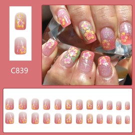 Flower Press on Nails Short Square Fake Nails with Glitter Design Ombre Pink Glue on Nails Glossy Spring Nails Reusable Summer False Nails for Women Girls Daily Wear Manicure 24pcs