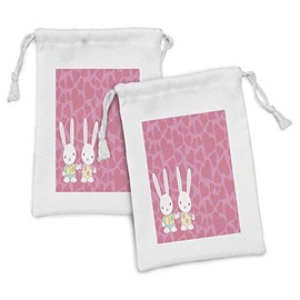 Ambesonne Bunny Fabric Pouch Set of 2, Valentines Day Theme Pattern with Hearts and Romantic Couple Bunnies in Outfits, Small Drawstring Bag for Toiletries Masks and Favors, 9" x 6", Multicolor