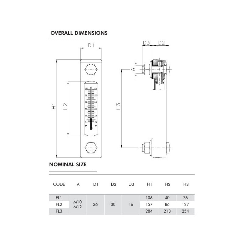 127mm Filtrec oil level indicator, M10 x 1.5 thread, without