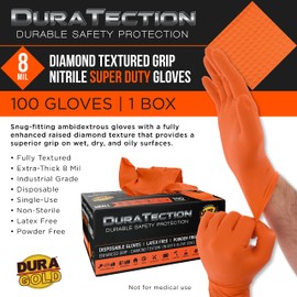 Dura-Gold Duratection 8 Mil Orange Super Duty Diamond Textured Nitrile Disposable Gloves, Box of 100, Medium - Latex Free, Powder Free, Food Safe, Safety Protection Work Gloves, Mechanical, Industrial