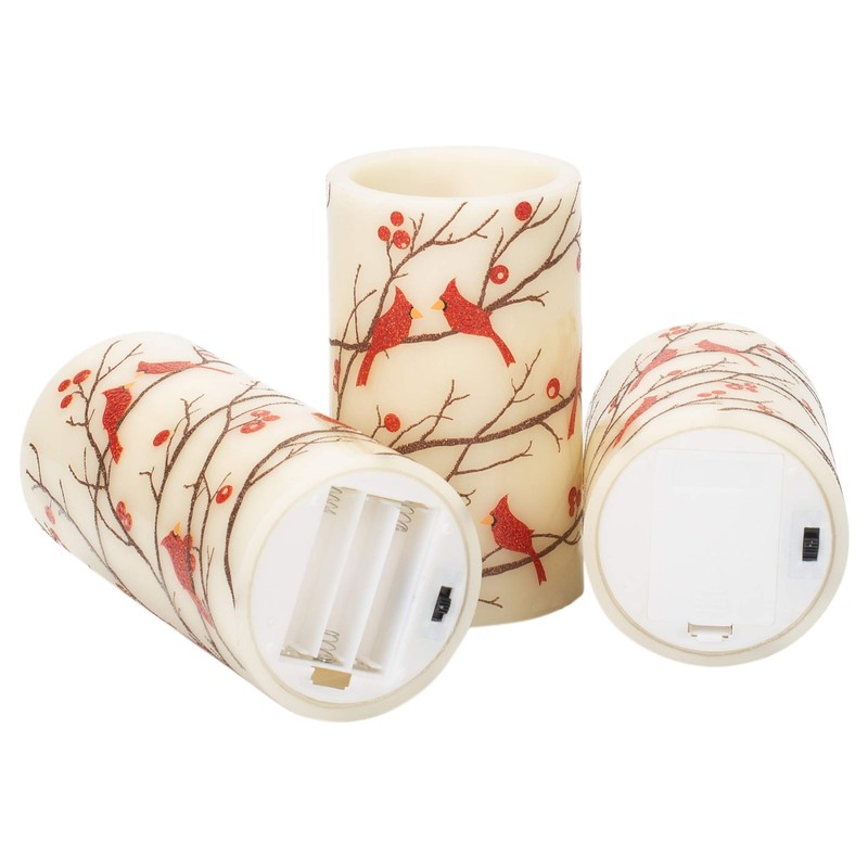 Flameless 3PC Glitter Berries And Cardinals Wax Pillars With Timer