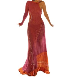 Womens Summer Halter Neck Knitted Dress Solid Color Crochet Backless Sleeveless Mini Dress Y2K 90s E-Girl Streetwear (Red Maxi Dress, One Size)