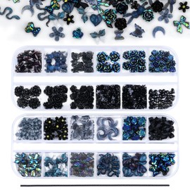 Kikonoke 2 Boxes 3D Flower Nail Charms Butterfly Bow Snake Rabbit Bear Shaped Nail Art Rhinestones Gems for DIY Nail Art Decoration Making Craft (Black)