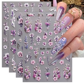 JMEOWIO 3D Nagelsticker Blumen Nail Art Sticker Selbstklebend Nagelaufkleber 5D Stereoskopisch Frühling Sommer Dekoration Nageldesign Zubehör 4 Blatt