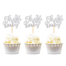 Keaziu Paquete de 24 decoraciones para cupcakes de copo de nieve Oh Baby Shower, diseño de copos de nieve, para invierno, cumpleaños, niñas, decoración de tartas, color plateado