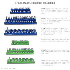 OEMTOOLS 22461 6 Pack Set Metric and SAE Magnetic Socket Tray Set, Green and Blue Socket Organizers, 1/4, 3/8, 1/2 Inch Drive Socket Organizer Tray Set