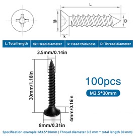 VooGenzek 100 pieces M3.5 x 30 mm coarse thread drywall screws, Phillips screws, self-tapping wood screws, for drywall, plasterboard, black