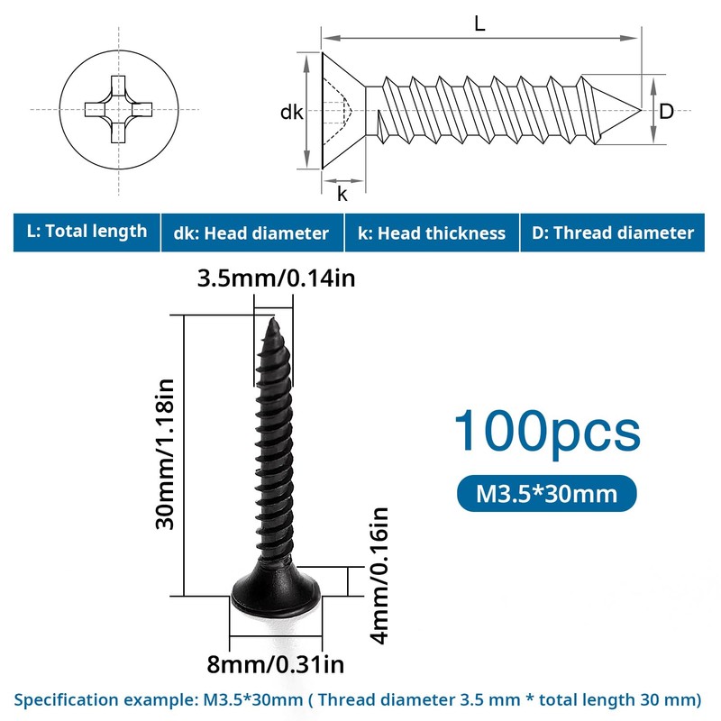 VooGenzek 100 pieces M3.5 x 30 mm coarse thread drywall