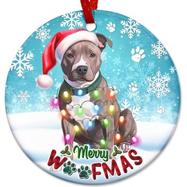 Sportyzen 2024 Christmas Ornament - Funny Merry Woofmas Pit Bull Dog Ceramic Ornament, Pit Bull Christmas Decoration, for Dog Lovers, Family, Friends