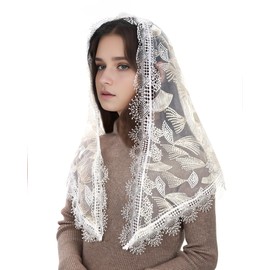 Mantveil Traditional Lace Church Veil: White Gold Embroidered Triangle Catholic Chapel Mantilla Veils Latin Mass Head Scarf for Women