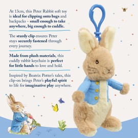 Rainbow Designs Peter Rabbit Soft Plush Keychain with Clip for Bags & Backpacks, 13cm Cuddly Character Toy Inspired by Beatrix Potter Tales, Charming Adventure Companion for Children's School Bags