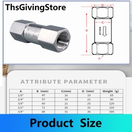 1/8 1/4 3/8 1/2 Inch G Female Thread 304 Stainless Steel Check Valve One Way Non-Return Valve for Water Oil Gas Check Valve(1/2 Inch)