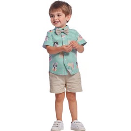 Yoolhamy Baby Boys Hawaiian Shirt Summer Clothing Outfits Suit Baby Clothing Gentleman Children's Clothing with Shorts and Bow Tie, Green Stripe, 3T - 4T