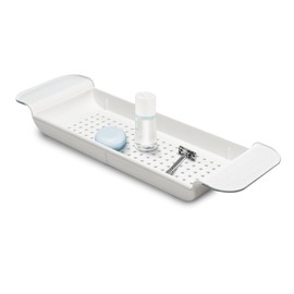 Madesmart Expandable Bath Tray for Bathtubs, Plastic Shower and Bath Shelf Caddy, White, Multifunctional Bathtub Bathroom Organizer