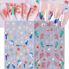 2 Pcs Summer Ocean Nail Stickers for Nail Art, 3D Embossed Starfish Shell Sea Wave Coral Self-Adhesive Nail Decals, Nail Supplies Nail Art Design Accessories for Women Girls Manicure DIY Decoration