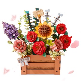 rowood Artifical Flowers,Wooden Flower Bloom Box Building Toy Set,DIY 3D Wooden Puzzles for Adults,Botanical Collection Craft Kit as Thanksgiving Decoration Christmas Birthday Valentine Gift