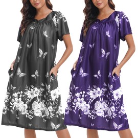 FEREMO 2 Pack House Dresses for Women with Pockets Moo Moos Nightgowns Short Sleeve Mumu Lounge Dress(Set3,XL)