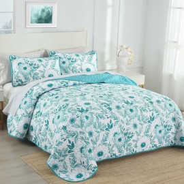 Drucon Teal Floral Quilt Set King Size 3 Pieces Flower Quilt Coverlet Set with 2 Pillowcases Lightweight Soft Microfiber Bedding Set Bedspread for All Season 104"x90"