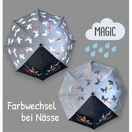 HECKBO Children's Magic Umbrella with Wooden Handle and Safety Reflectors – Colour Changing in Rain – Boys Girls Pocket Umbrella for School Bags – Storm Resistant – Gifts for School, dragon