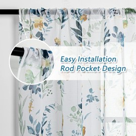 MYSKY HOME 63 inch Long Sheer Floral Curtains - Classic Leaf Violet Print, 2 Panels for Bedroom, Living Room, Bathroom, Kitchen - Yellow and Blue, 52 x 63 inch