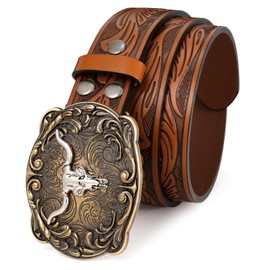 SANSTHS Cowboy Belt Men Women Floral Embossing Longhorn Western Leather Buckle Belt for Jeans Cowgirl Outfit, Langhorn Brown