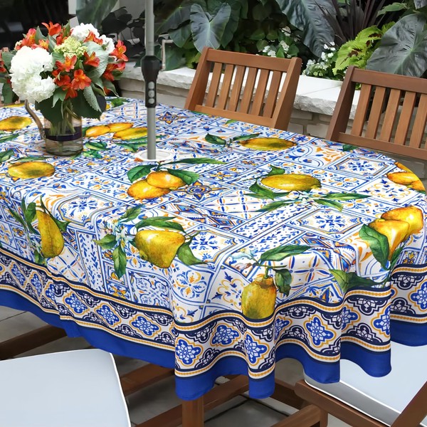 bnhjsdw Blue Outdoor Tablecloth with Umbrella Hole for Oval Table,