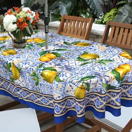 bnhjsdw Blue Outdoor Tablecloth with Umbrella Hole for Oval Table, Waterproof Lemon Patio Table Cloth with Zipper - 60 x 102 inches