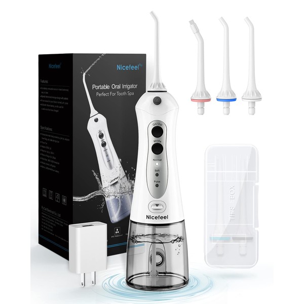 Nicefeel Cordless Water Flosser 300ML USB Rechargeable and Portable Oral Irrigator with Tips Case for Travel, 3-Modes IPX7 Waterproof Water Dental Flossing with 4 Jet Tips for Home