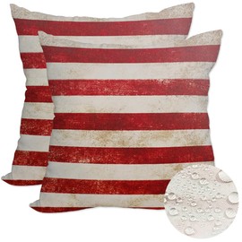 Qinqingo Outdoor Waterproof 4th of July Patriotic Pillow Covers 18x18 Set of 2 Vintage Red and White Stripes Farmhouse Decor Throw Pillows Independence Day Decorative Cushion Case for Sofa Bed