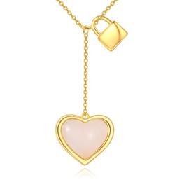 VONALA Love Heart Gold-Plated 925 Sterling Silver Necklace Rose Quartz Y Necklace Pink Pendant Jewellery Gift for Women Birthday Christmas, Sterling Silver, No Gemstone