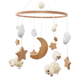 Mobile Baby Wooden Sheep Baby Bed Mobile Baby Wind Chime Beige, Clouds Moon Star Baby Mobile Boho Bed Bell, Baby Toy for Girls or Boys