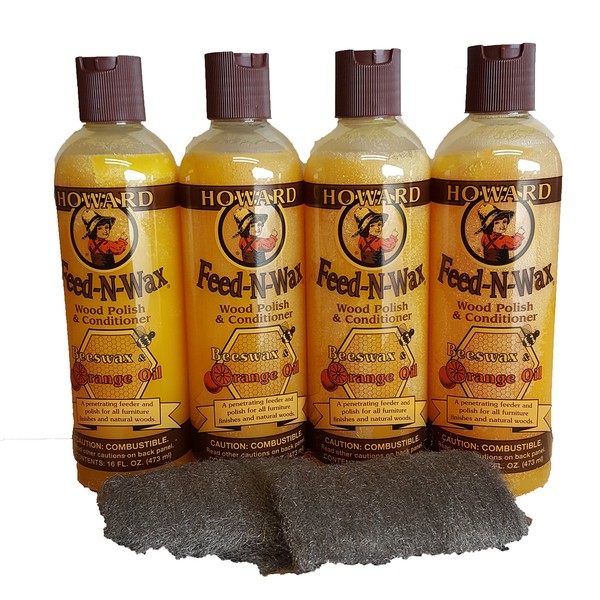 Howard Feed N Wax 16 oz x 4 Bottles, Beeswax Furniture Polish Great For Dry and Damaged Wood, Restore Kitchen Cabinets, Restore Antiques and Wood Paneling